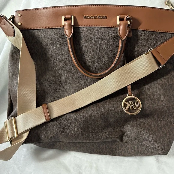 Michael Kors Brown and Tan Signature Messenger Bag with Cream Strap - Picture 1 of 11